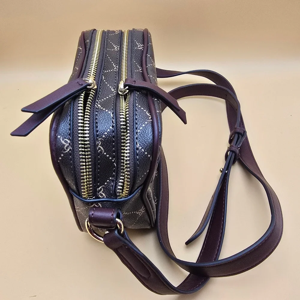 Nine West Monogram Crossbody Bag Burgundy Faux Leather Double Zip